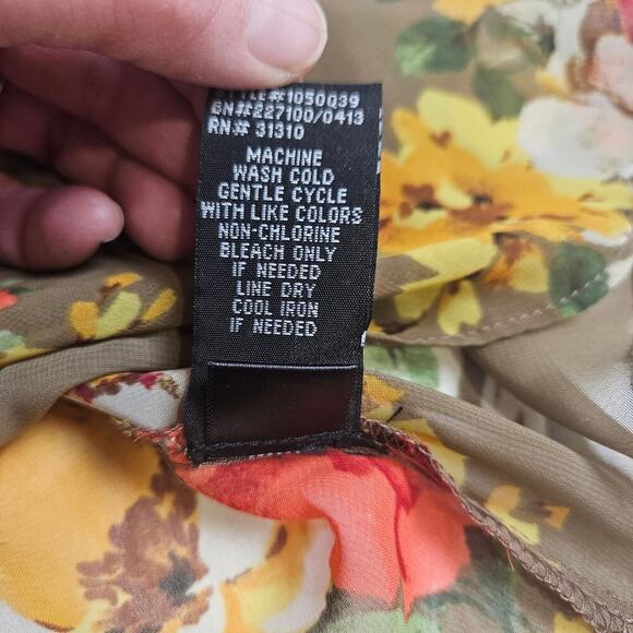 A Byer Brown Floral Sheer Short Sleeve Top Large Tie Neck - Picture 7 of 7